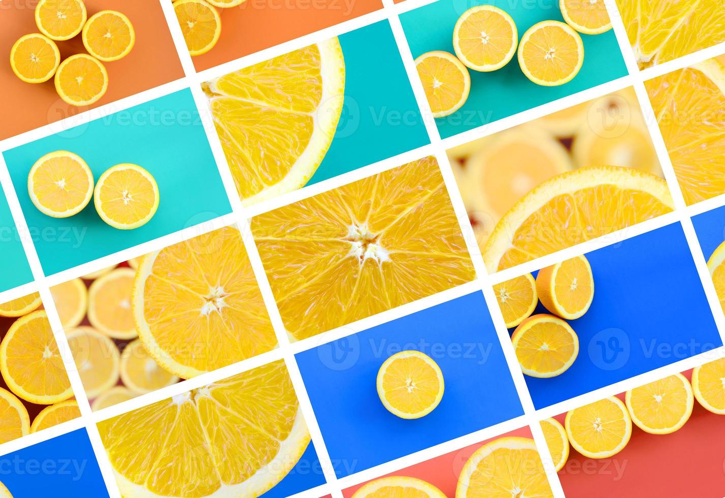 A collage of many pictures with juicy oranges. Set of images with fruits on backgrounds of different colors photo