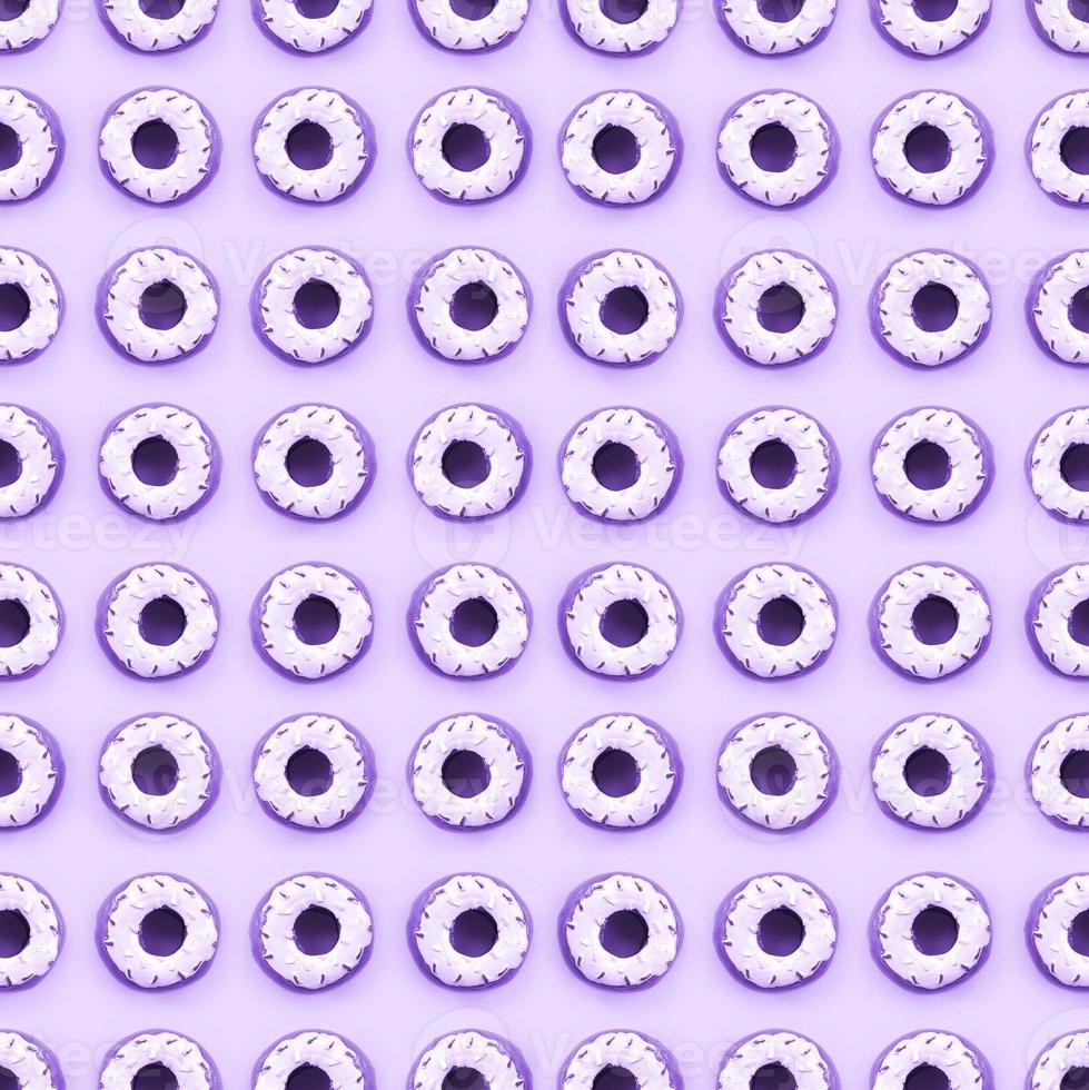 Many small plastic donuts lies on a pastel colorful background. Flat lay minimal pattern. Top view photo