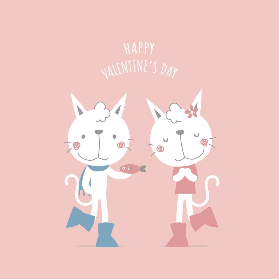 linda y encantadora pareja gato blanco con pescado, feliz día de san valentín, concepto de amor, diseño de vestuario de personaje de dibujos animados de ilustración vectorial plana vector