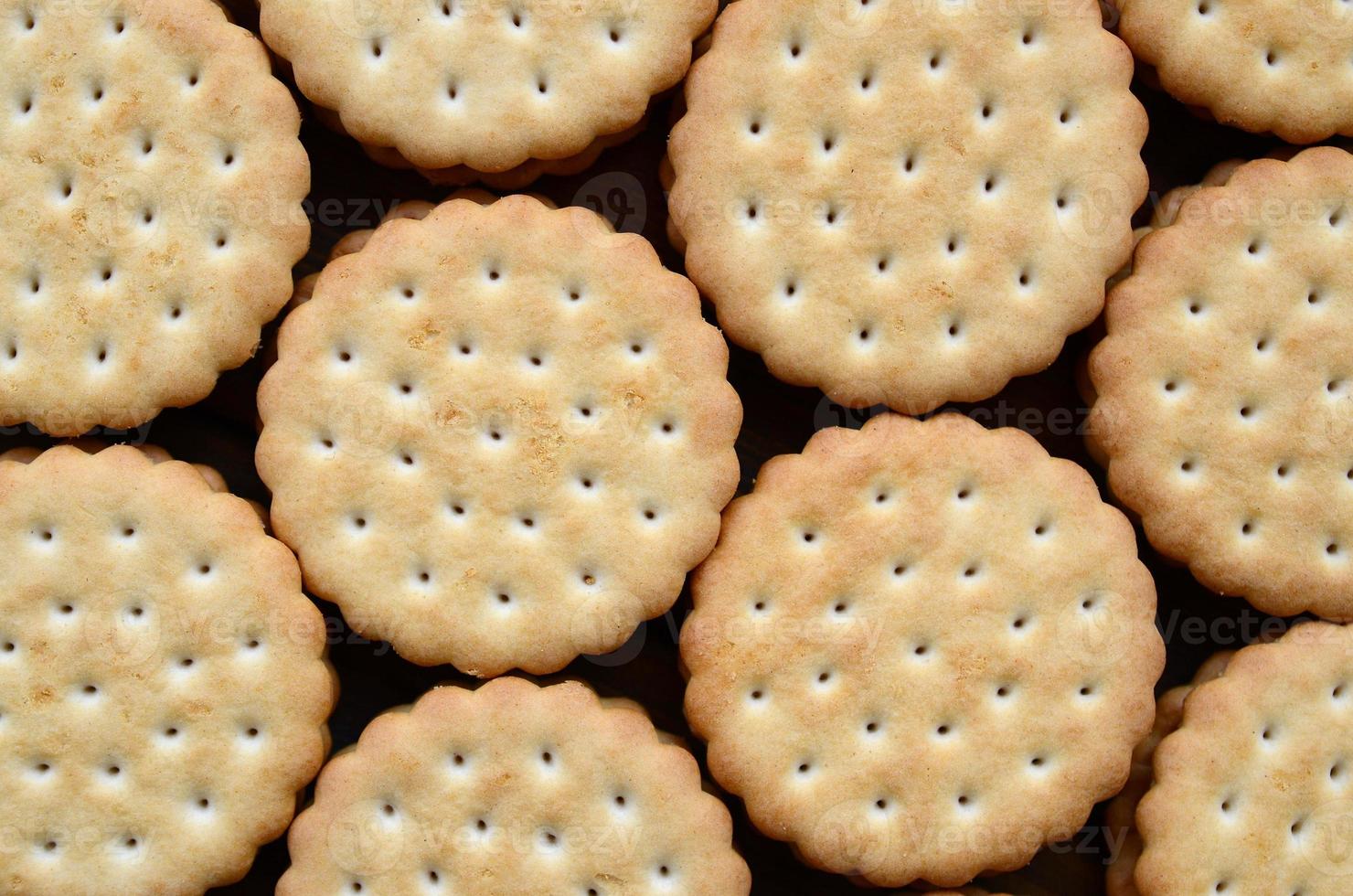 Detailed picture of round sandwich cookies with coconut filling. Background image of a close-up of several treats for tea photo