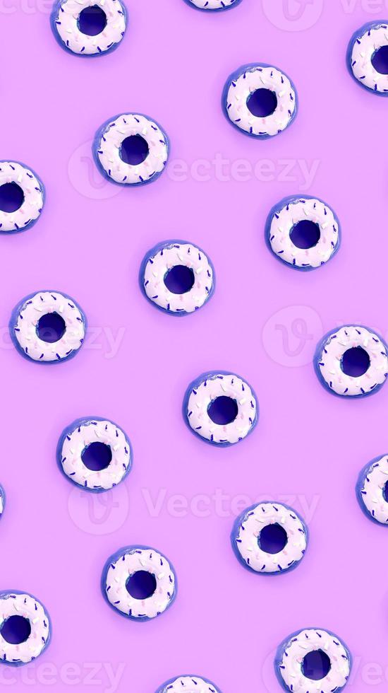 Many small plastic donuts lies on a pastel colorful background. Flat lay minimal pattern. Top view photo