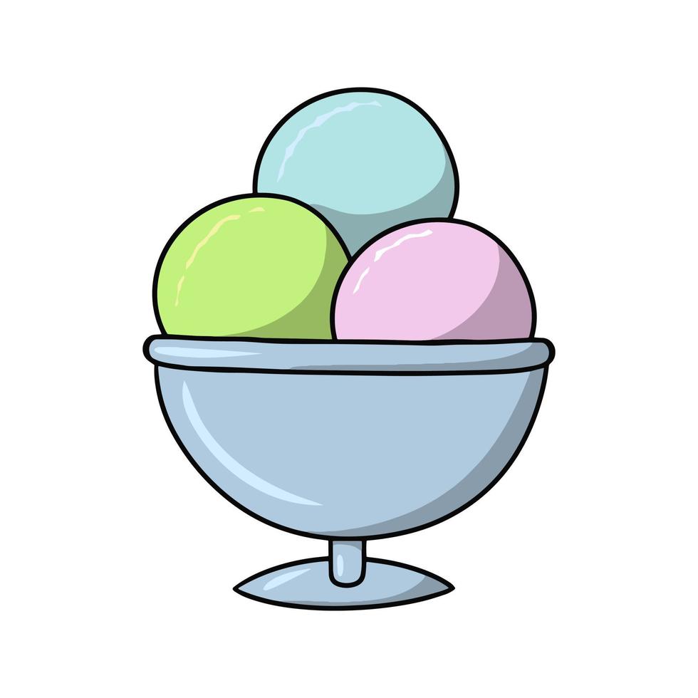 bolas de helado de frutas en un vaso de plata, ilustración vectorial en estilo de dibujos animados sobre un fondo blanco vector