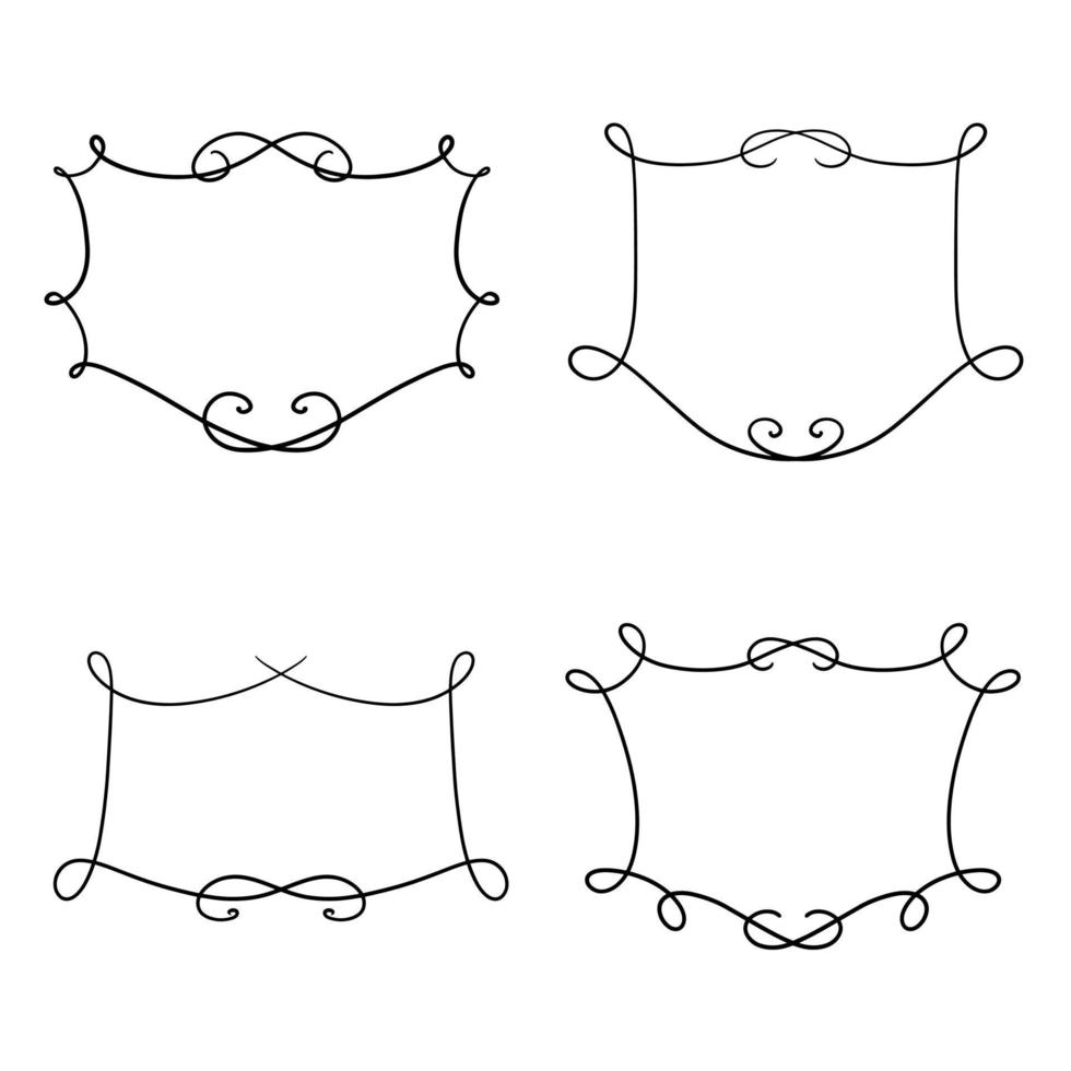 A set of various symmetrical rectangular frames with curlicues, hand-drawn with one line, space for copying, vector illustration on a white background