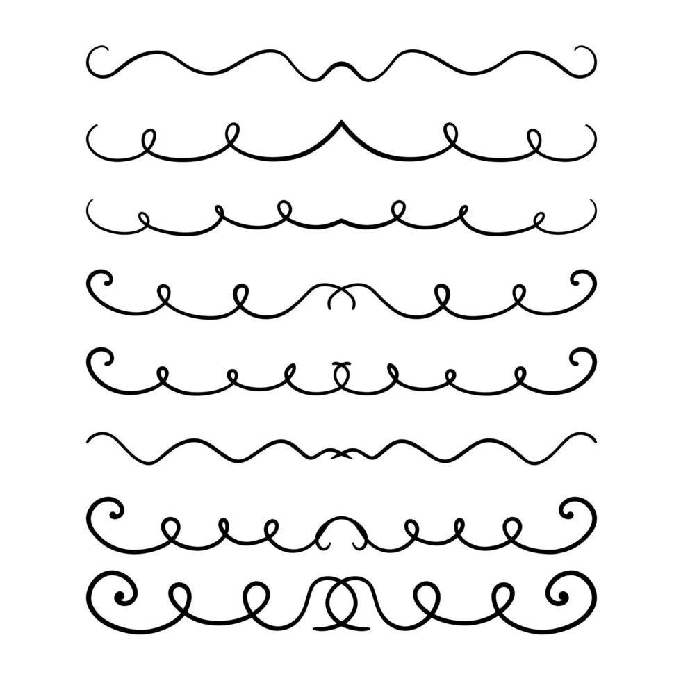 A collection of symmetrical vector dividers with small curlicues, hand-drawn with a black line, isolated borders for a design template