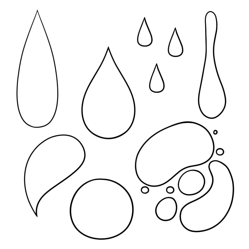 Monochrome set of various water drops in cartoon style, drops and splashes of water of different shapes, vector illustration on a white background