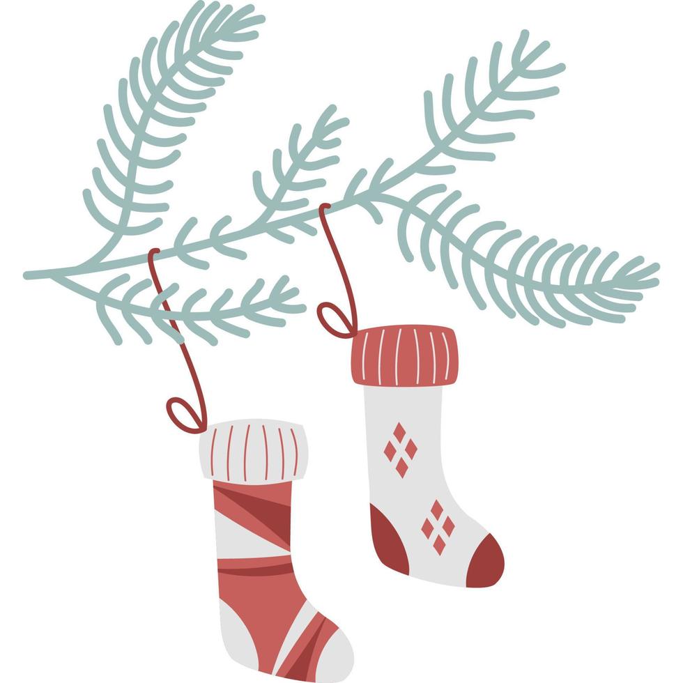 Knitted socks on Christmas tree branch vector