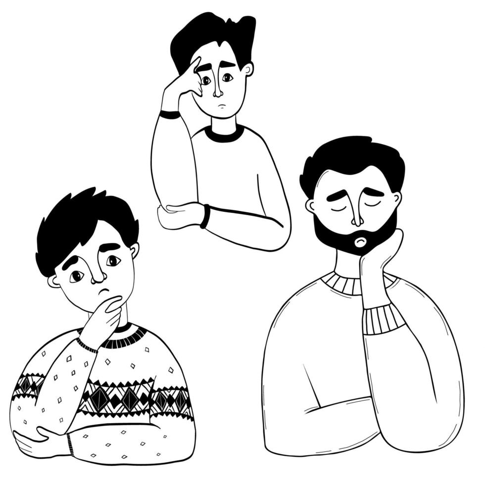 Collection of thoughtful men. pensive man with beard and thinking young guy. emotions - Doubts, thoughts and sadness. Vector illustration, outline. Psychology concept.