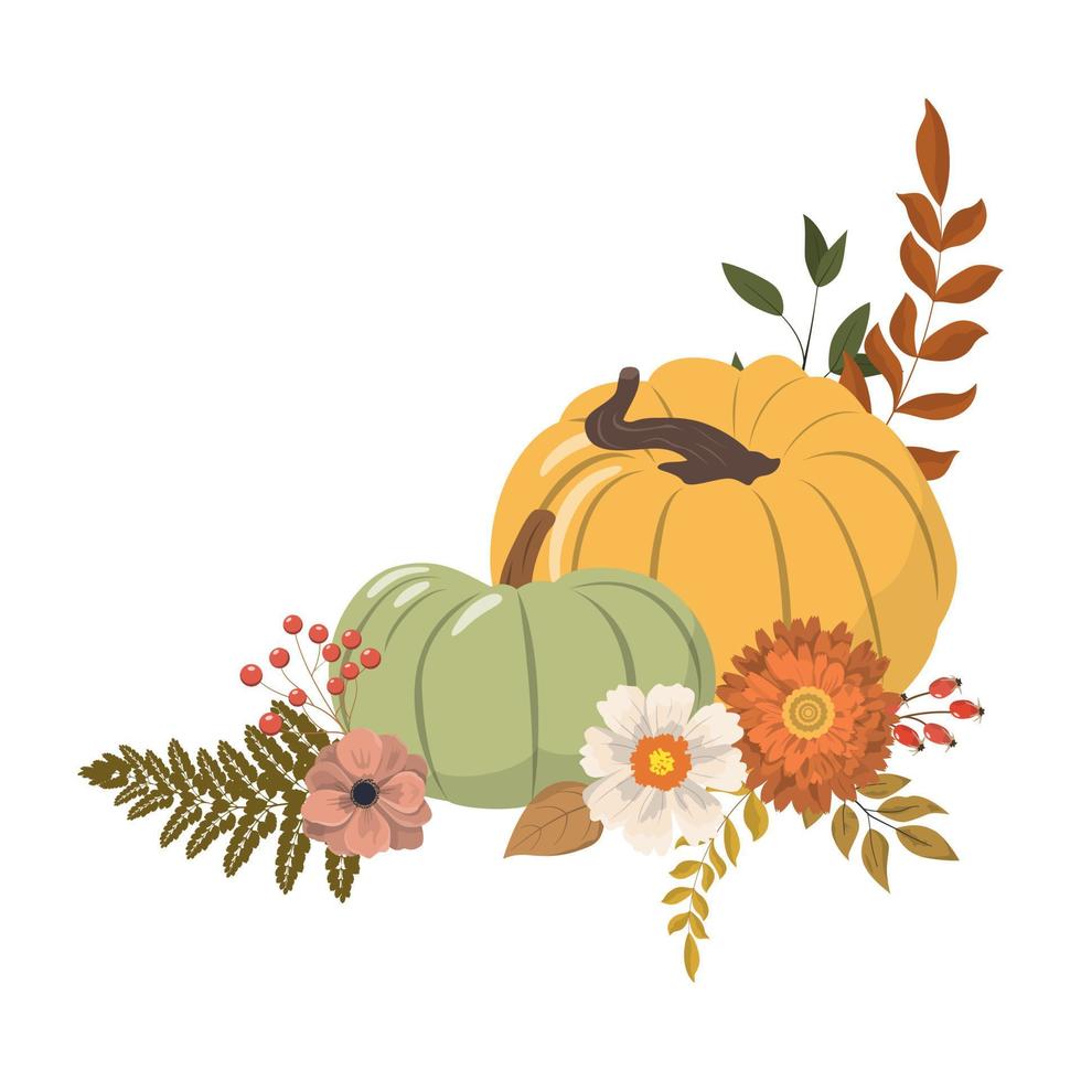 Cartoon Thanksgiving pumpkins, flowers and forest leaves corner frame arrangement. Isolated on white background. Seasonal harvest design for greeting or poster. vector
