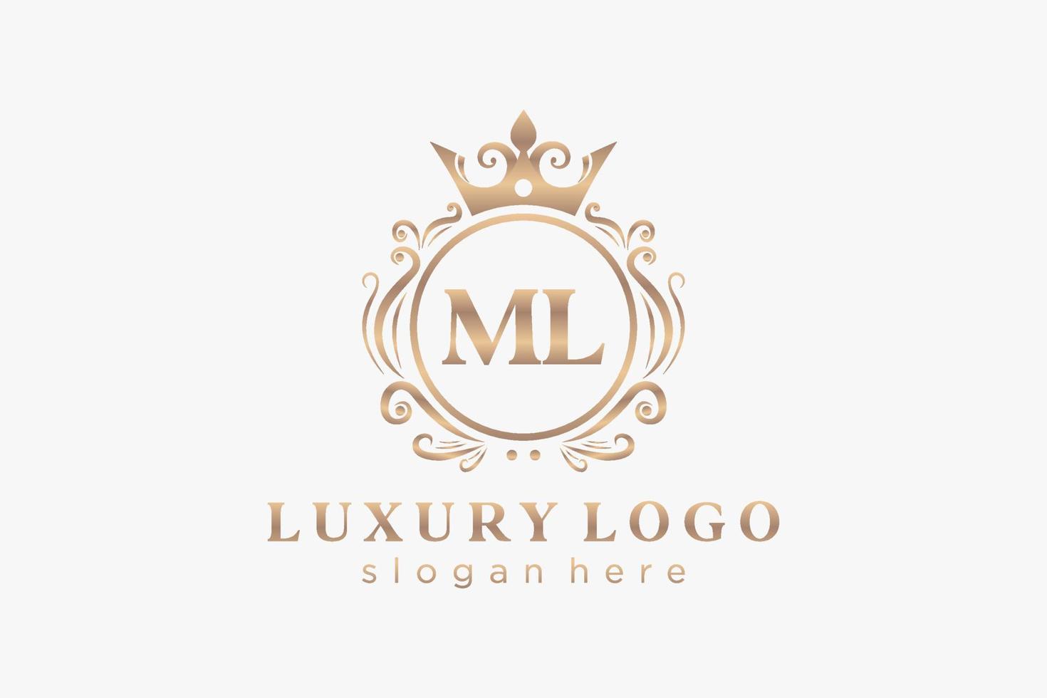 Initial ML Letter Royal Luxury Logo template in vector art for Restaurant, Royalty, Boutique, Cafe, Hotel, Heraldic, Jewelry, Fashion and other vector illustration.