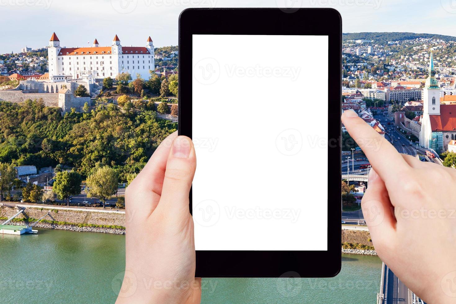 tourist photographs Castle and Bratislava old town photo