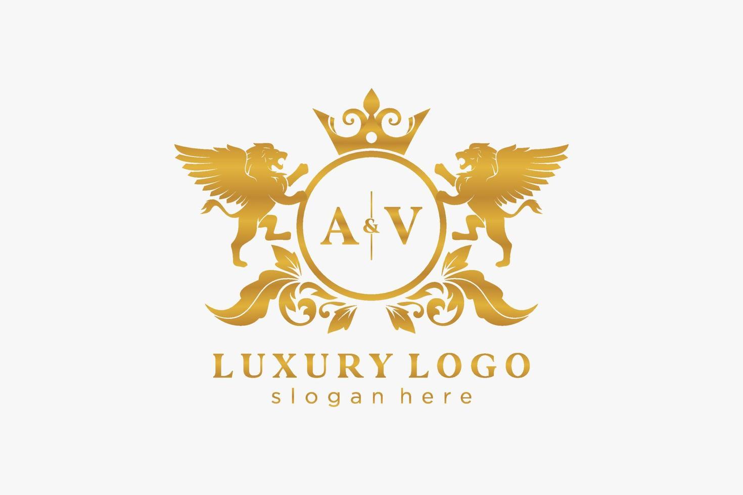 Initial AV Letter Lion Royal Luxury Logo template in vector art for Restaurant, Royalty, Boutique, Cafe, Hotel, Heraldic, Jewelry, Fashion and other vector illustration.