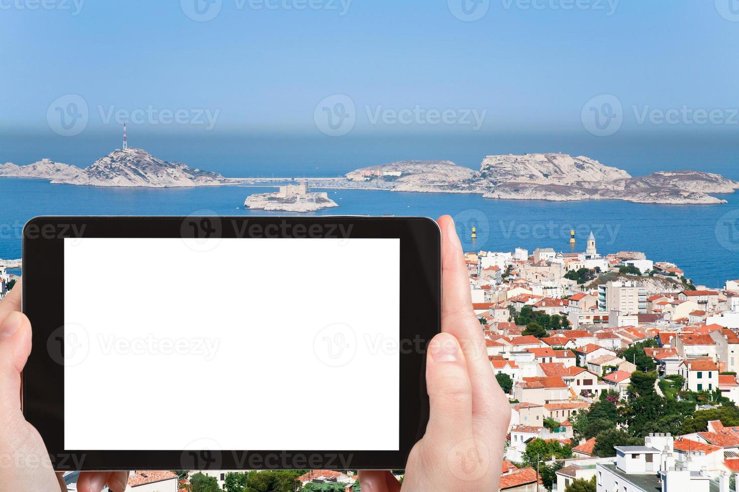 tourist photographs skyline Marseille city, France photo