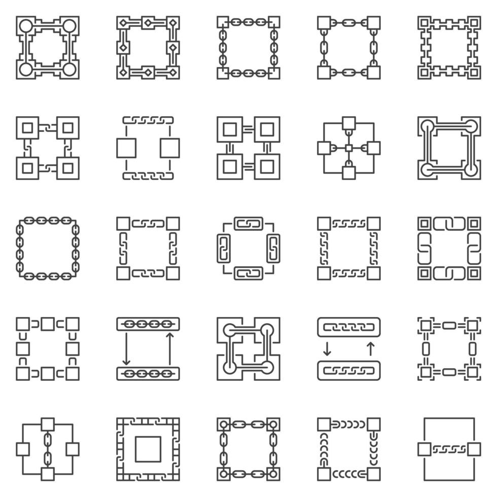 Blockchain outline icons set - vector block chain symbols