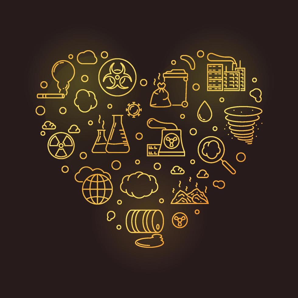 Pollution outline heart shaped vector golden concept illustration