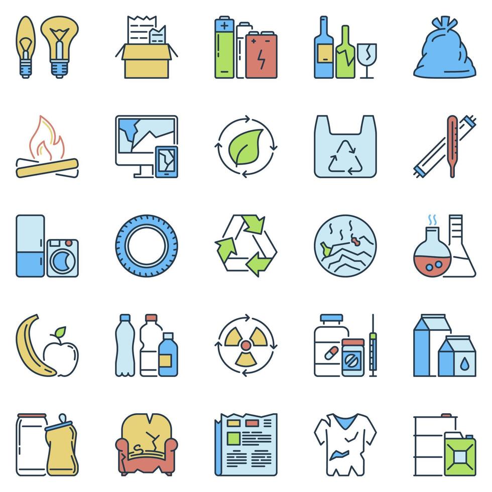 conjunto de iconos de colores de separación de tipos de residuos de basura. símbolos de reciclaje o clasificación vector