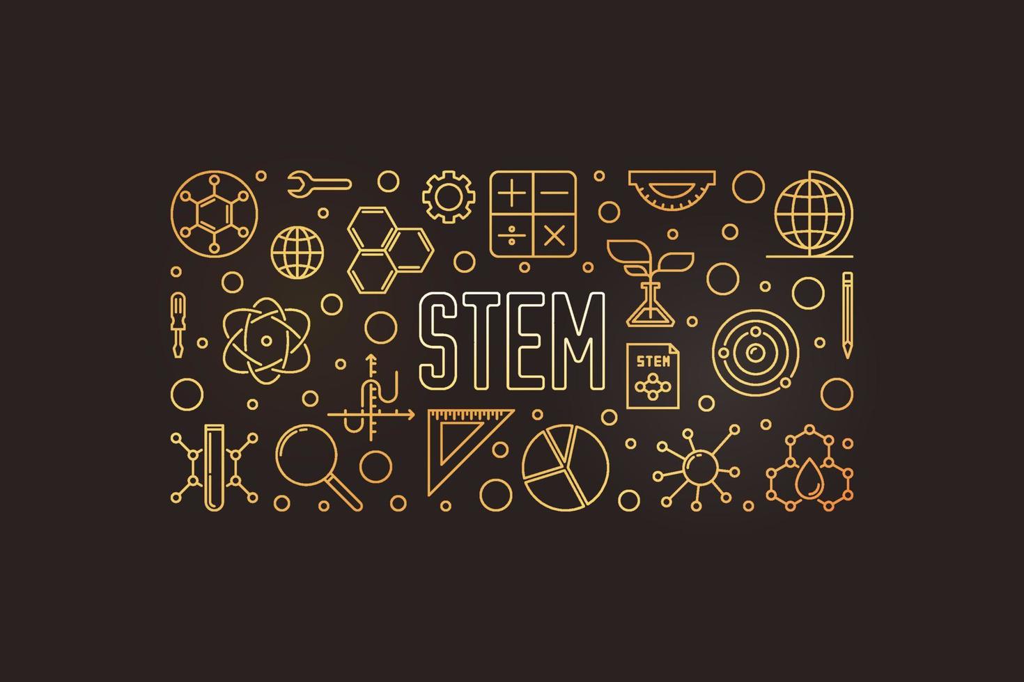 STEM horizontal golden banner. Vector linear illustration