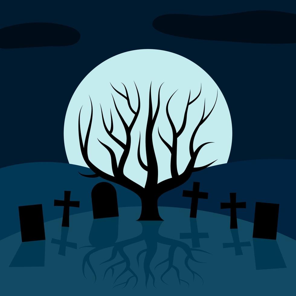 A lonely tree in the cemetery at night in front of the Moon. Vector background for Halloween