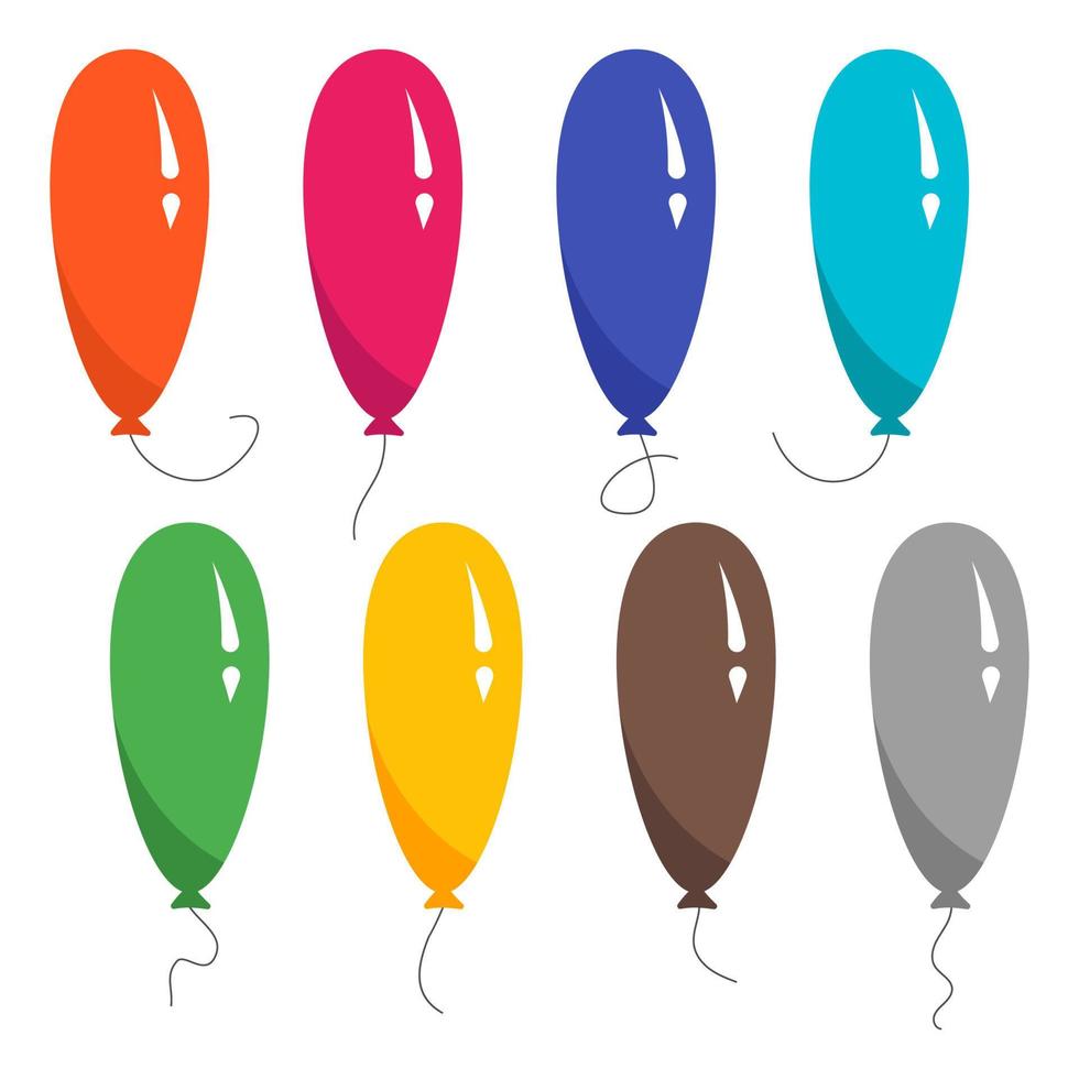 Set of eight colorful balloons with a string isolated on white background. Vector illustration