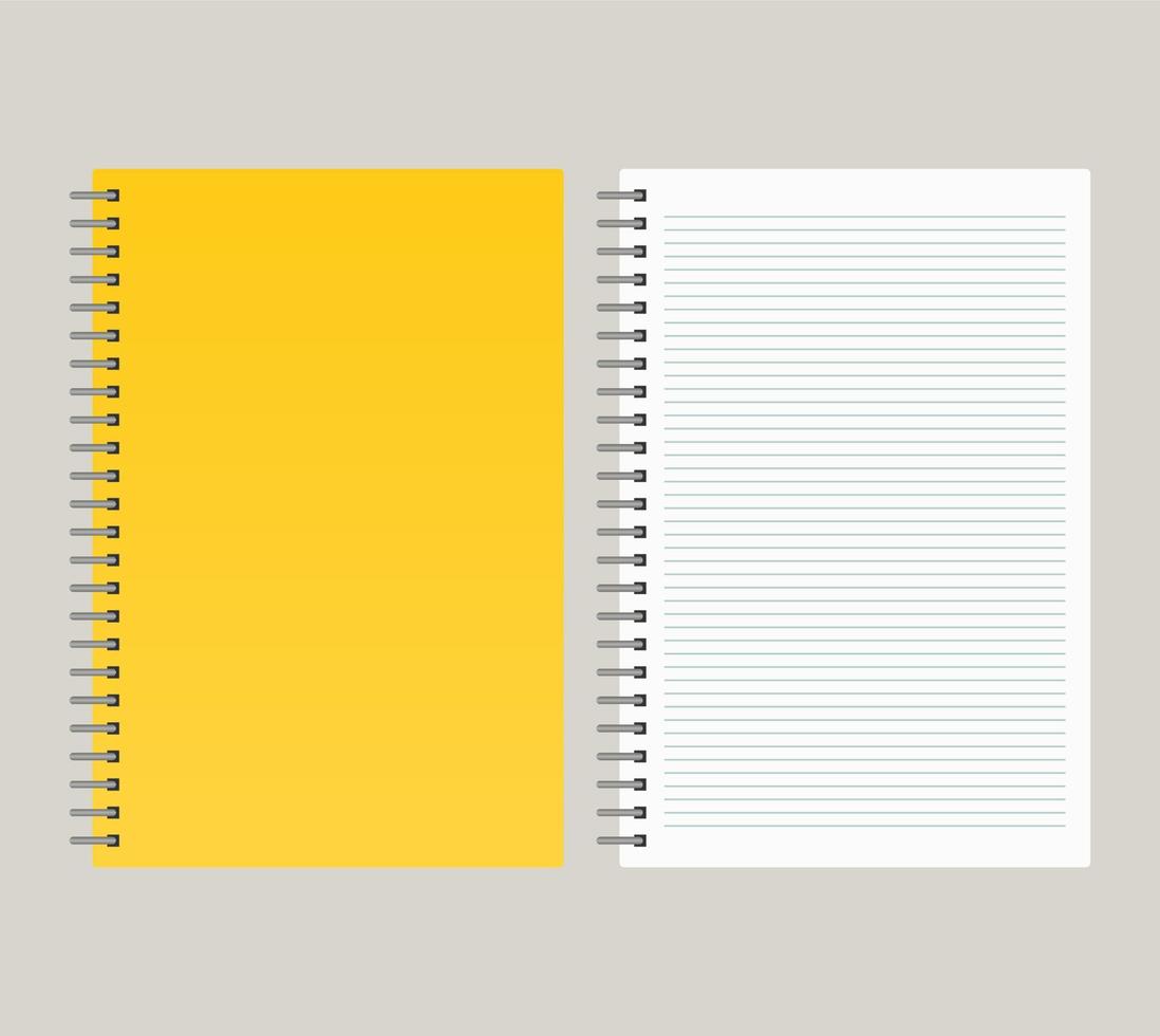 Notepad with a yellow cover and with a binding from left side. Vector illustration