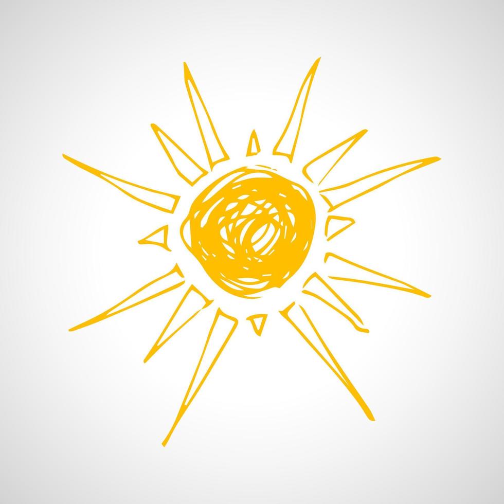 Hand drawn sun. Simple sketch sun. Solar symbol. Yellow  doodle isolated on white background. Vector illustration.