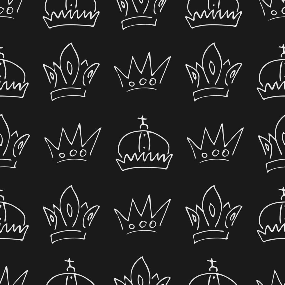 Hand drawn crowns. Seamless pattern of simple graffiti sketch queen or king crowns. Royal imperial coronation and monarch symbols. White brush doodle isolated on black background. Vector illustration.