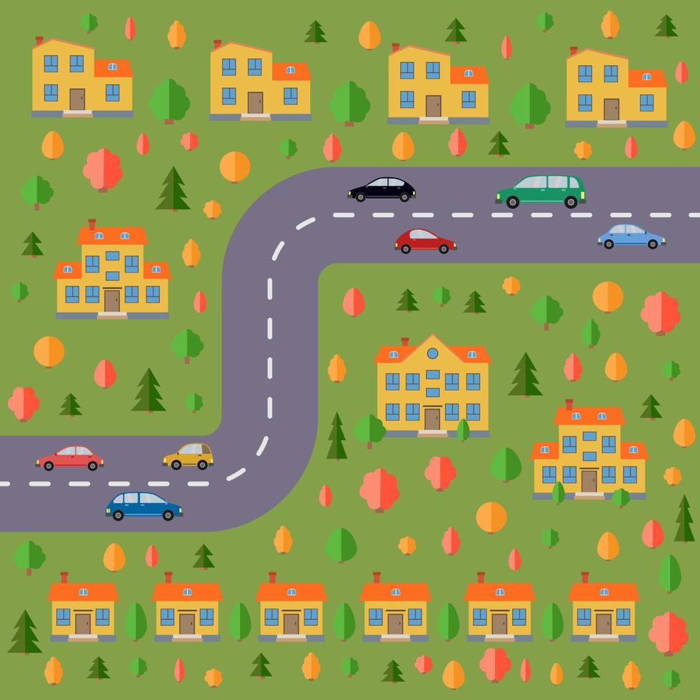 Plan of village. Landscape with the road, forest, cars and houses. Vector illustration