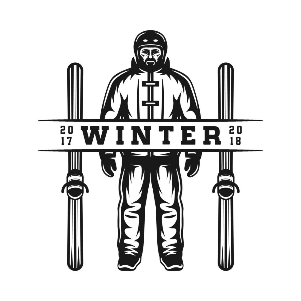 Vintage retro winter sport ski snowboard or adventure emblem, logo, badge, label. mark, poster or print. Monochrome Graphic Art. Engraving woodcut style. vector