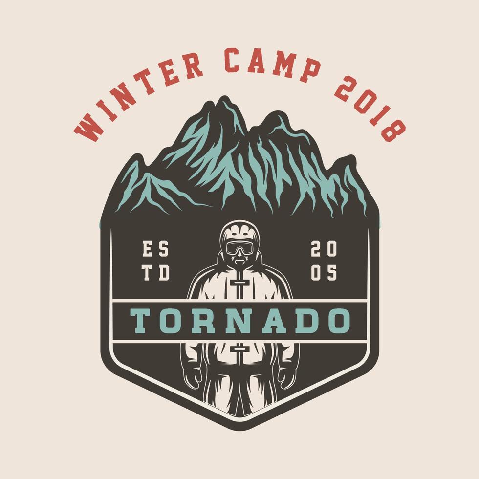 Vintage retro winter sport ski snowboard or adventure emblem, logo, badge, label. mark, poster or print. Monochrome Graphic Art. Engraving woodcut style. vector