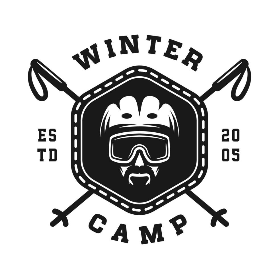Vintage retro winter sport ski snowboard or adventure emblem, logo, badge, label. mark, poster or print. Monochrome Graphic Art. Engraving woodcut style. vector
