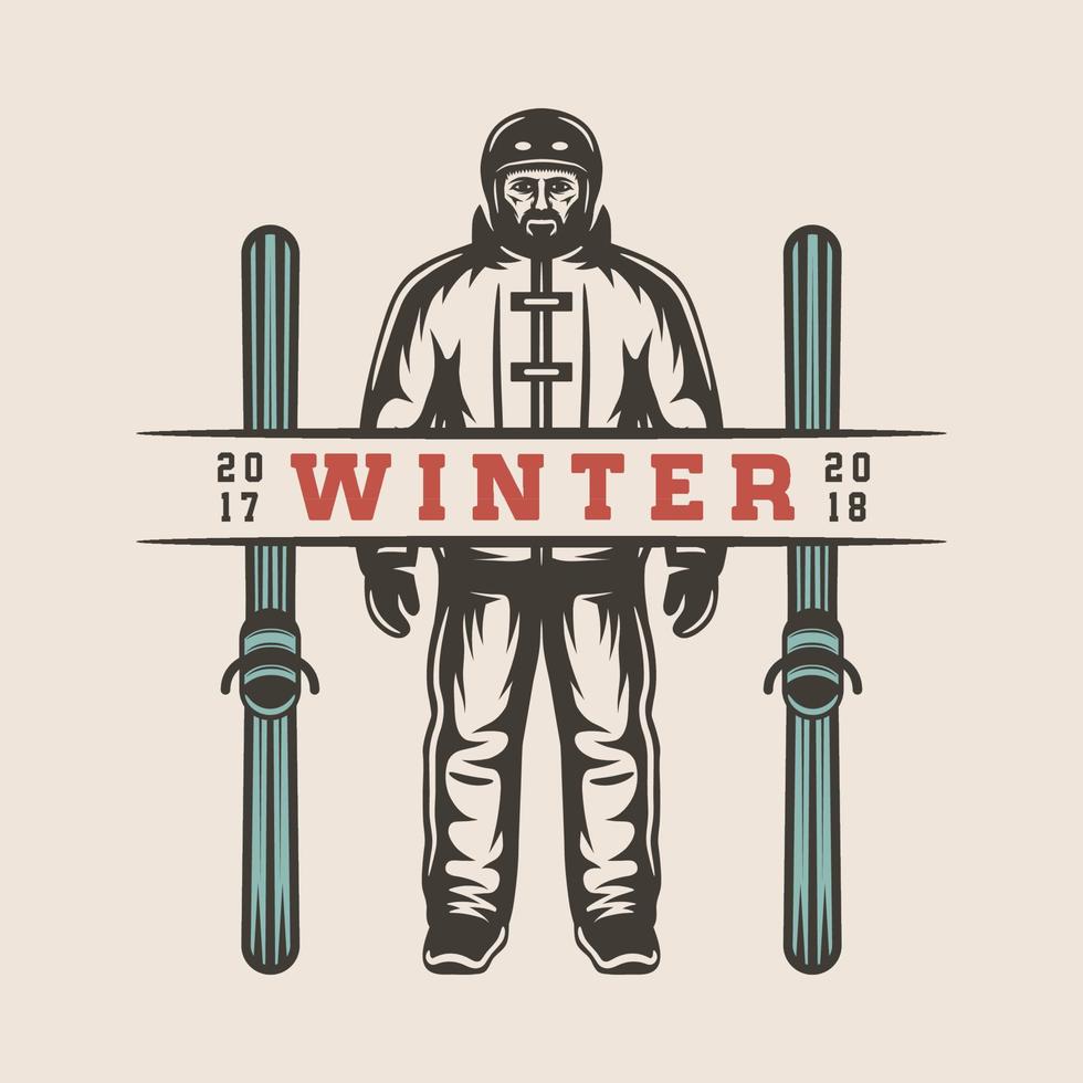 Vintage retro winter sport ski snowboard or adventure emblem, logo, badge, label. mark, poster or print. Monochrome Graphic Art. Engraving woodcut style. vector