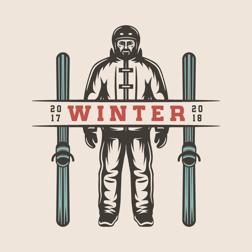 deporte de invierno retro vintage snowboard de esquí o emblema de aventura, logotipo, insignia, etiqueta. marca, cartel o impresión. arte gráfico monocromático. estilo grabado en madera. vector