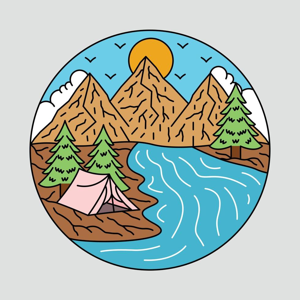 acampar con buena vista de la montaña y el río ilustración gráfica arte vectorial diseño de camiseta vector