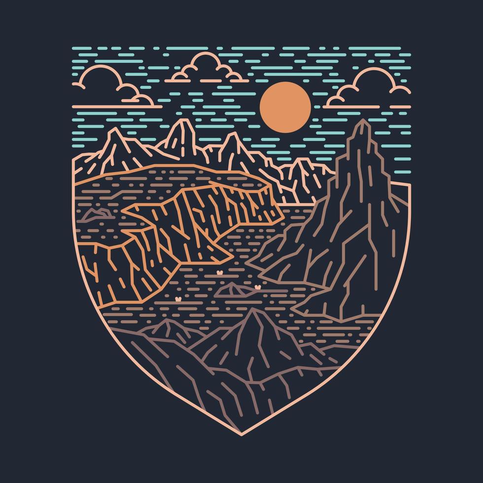 bonita vista de las montañas línea mono ilustración gráfica arte vectorial diseño de camiseta vector