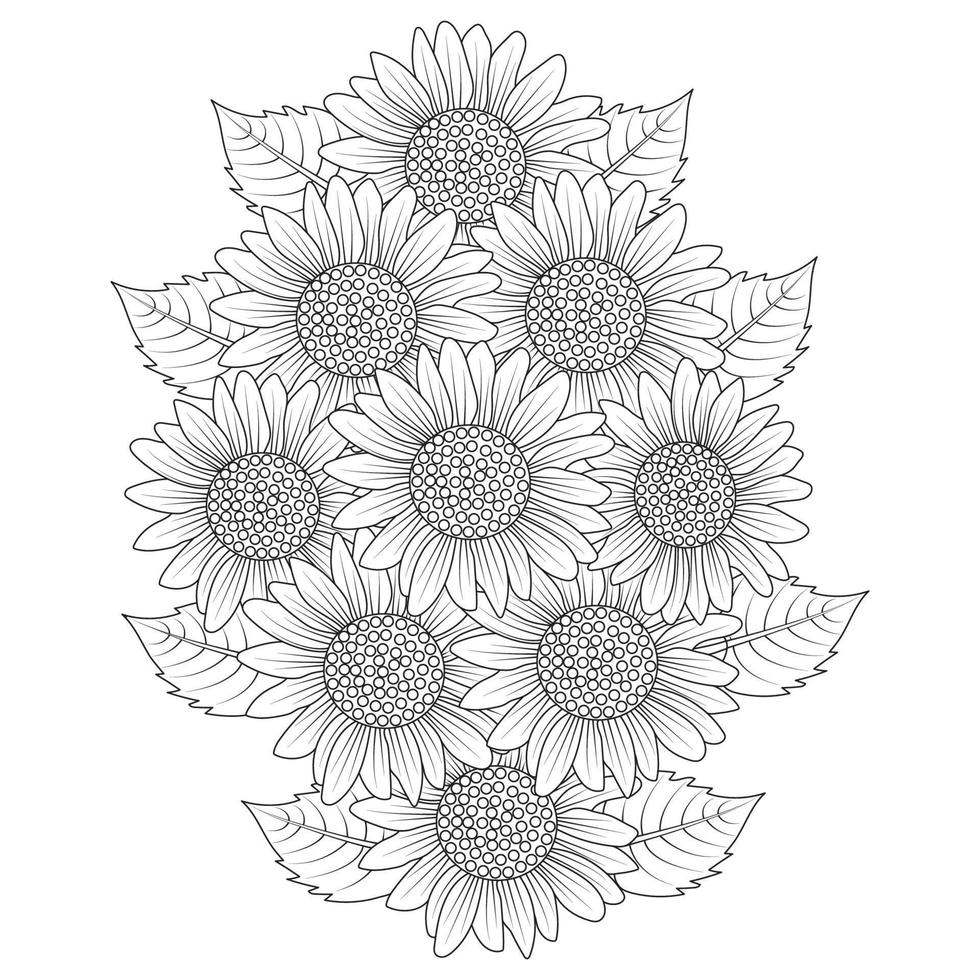 sunflower vector outline coloring page of blooming petal and leaves flower illustration
