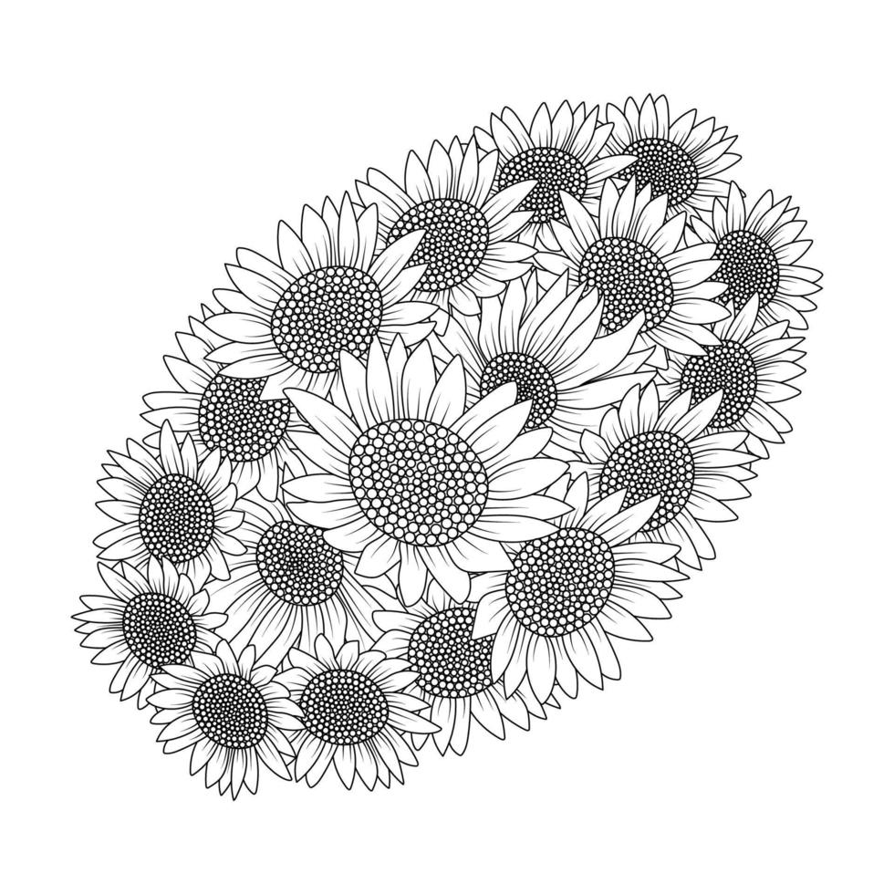 sunflower vector outline coloring page of blooming petal and leaves flower illustration