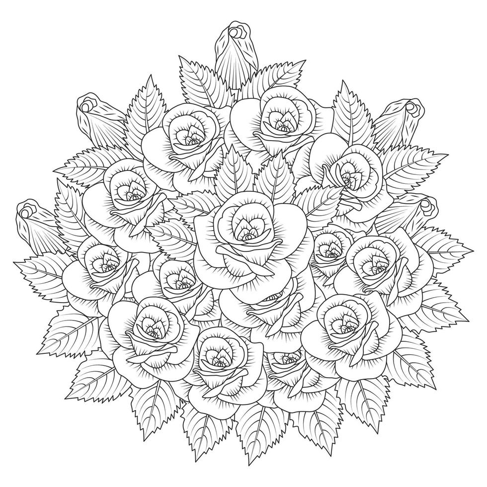 red rose flower bouquet outline vector art with roses leaves for adult coloring page