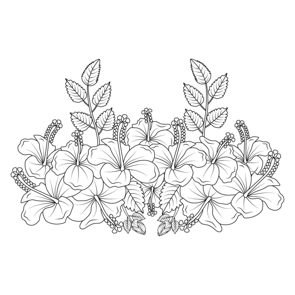 hibiscus flowers coloring page illustration with hawaiian hibiscus leaves and outline rose of sharon vector