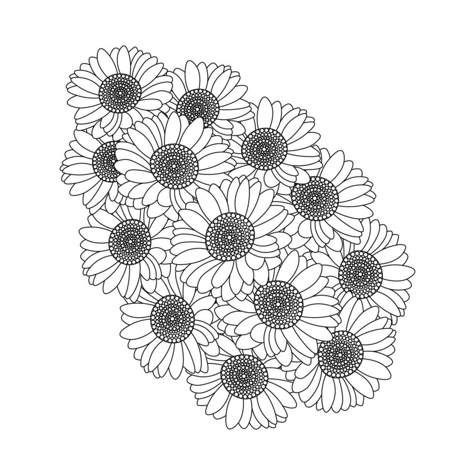 sunflower vector outline coloring page of blooming petal and leaves flower illustration