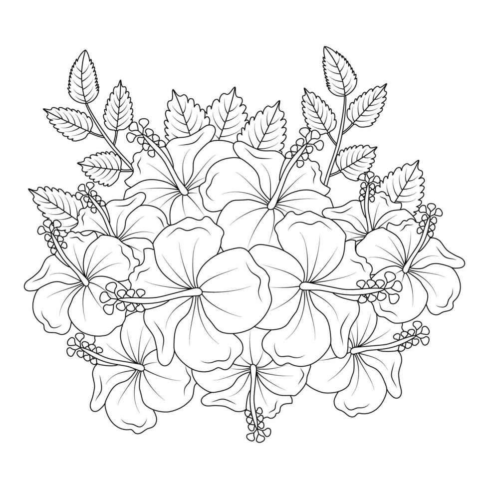 hibiscus flowers coloring page illustration with hawaiian hibiscus leaves and outline rose of sharon vector