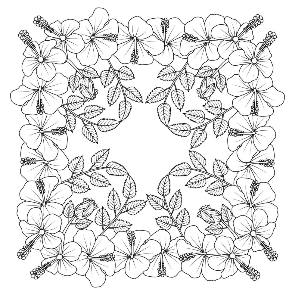 ilustración de página para colorear de flores de hibisco con hojas de hibisco hawaiano y rosa de sharon vector