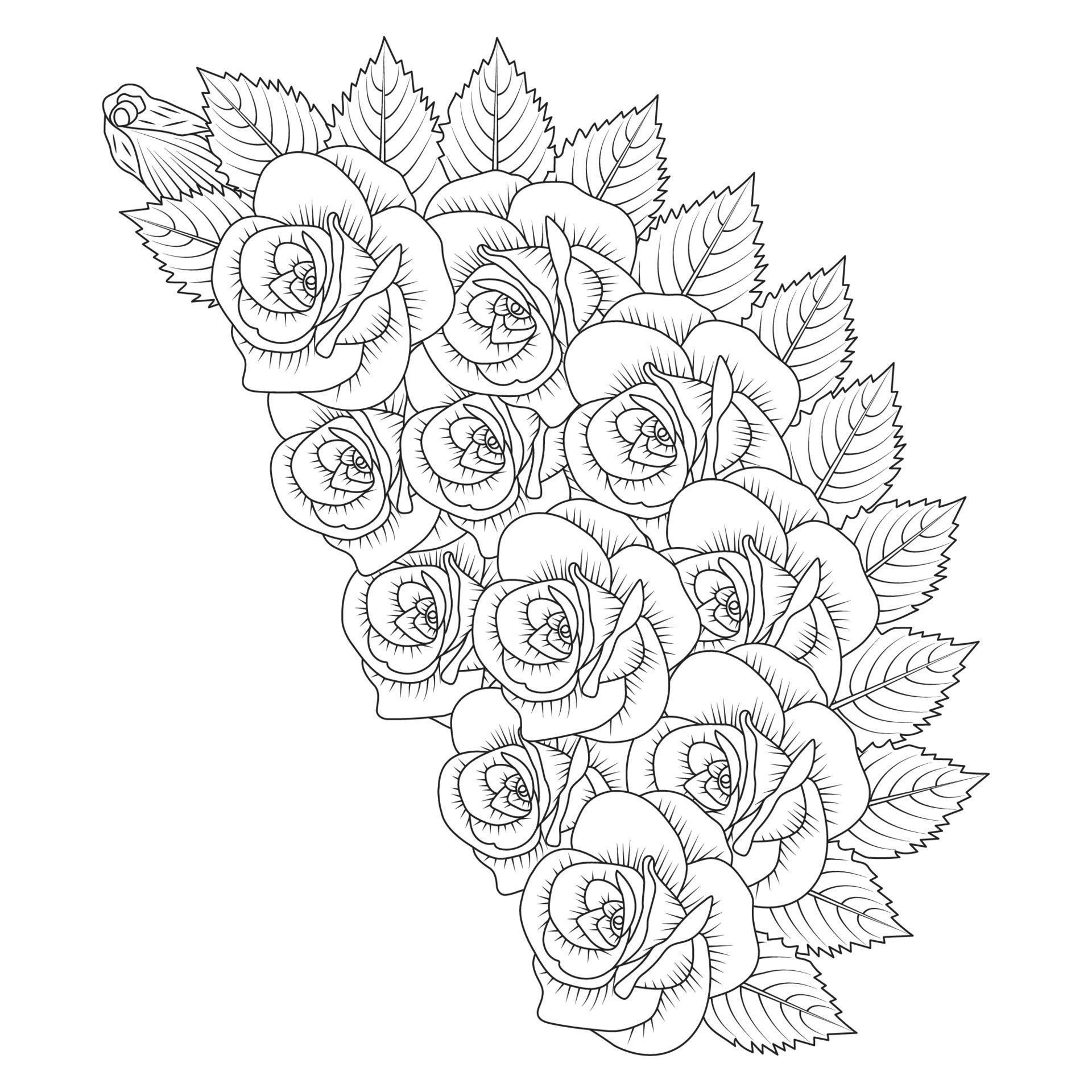 red rose flower bouquet outline vector art with roses leaves for adult