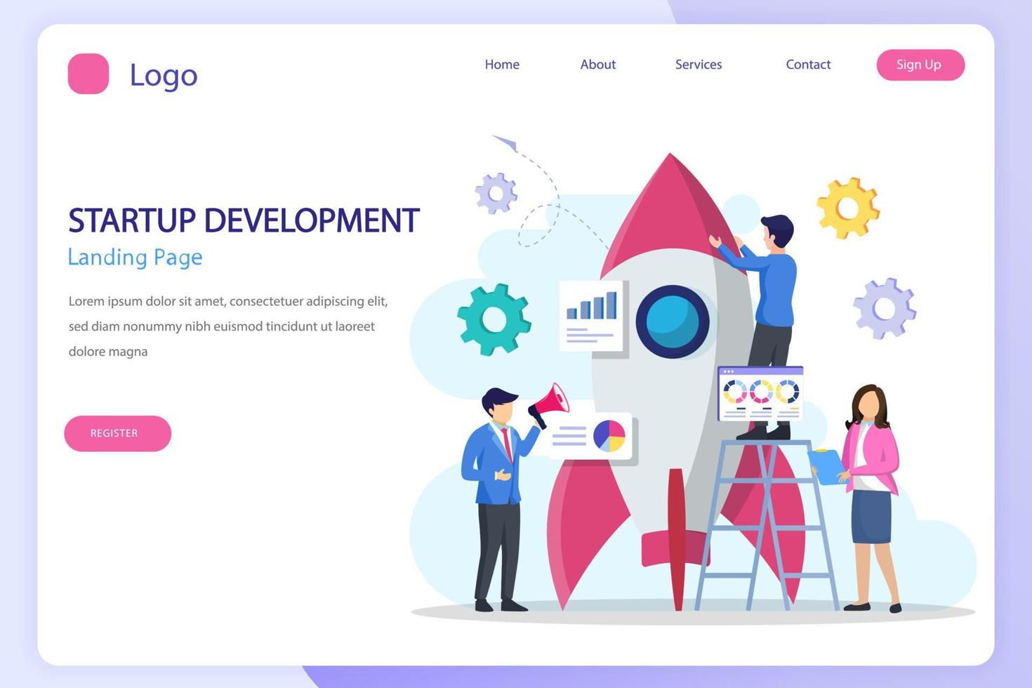 Startup launch concept. Development process, Innovation product, creative idea landing page website flat vector template