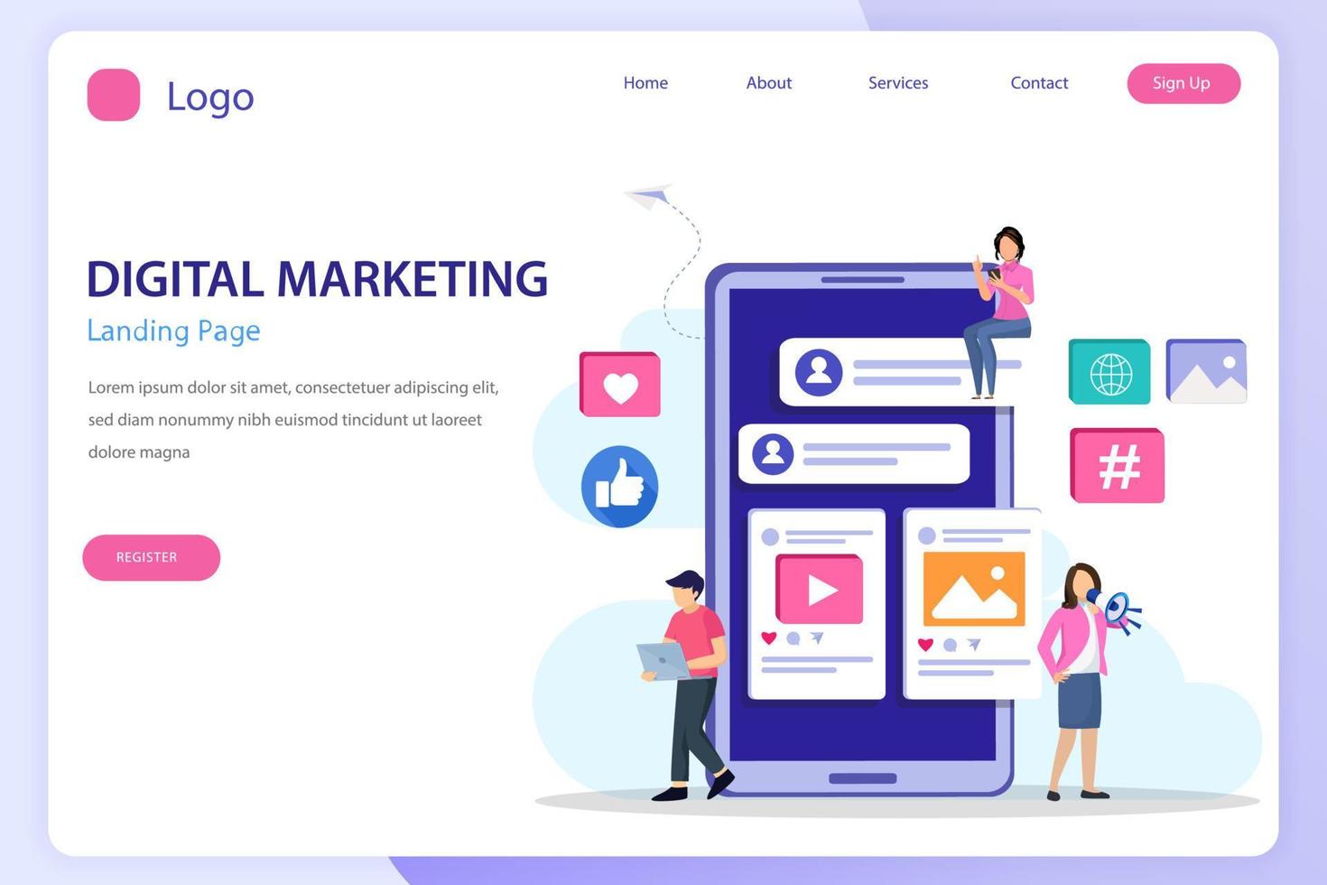 Digital marketing landing page website flat vector template