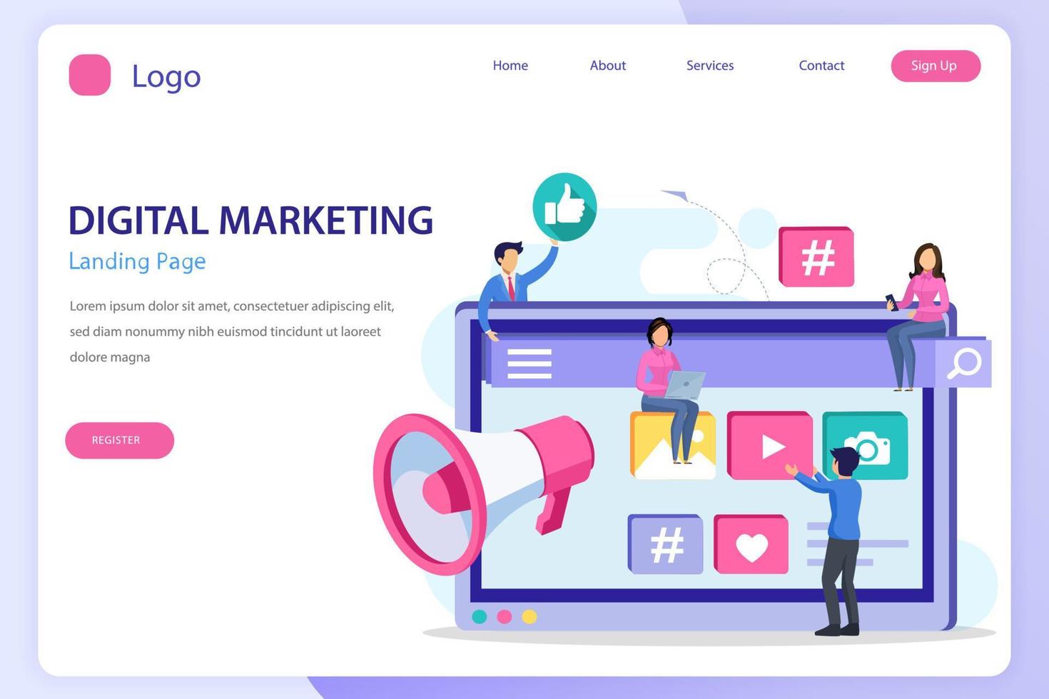 Digital marketing landing page website flat vector template