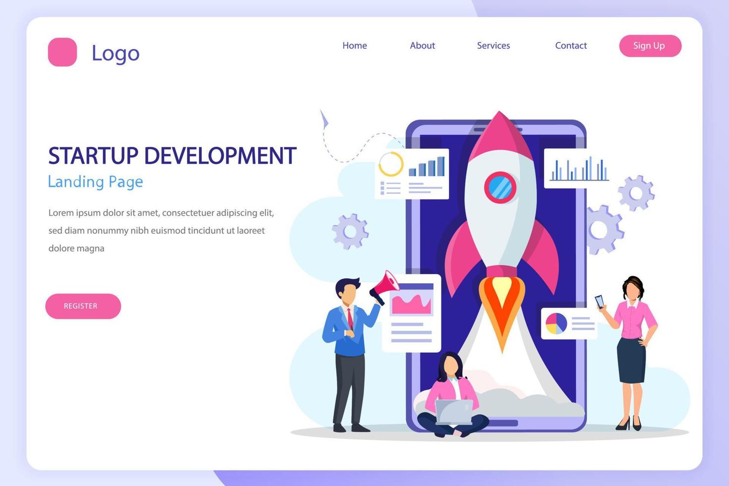 Startup launch concept. Development process, Innovation product, creative idea landing page website flat vector template