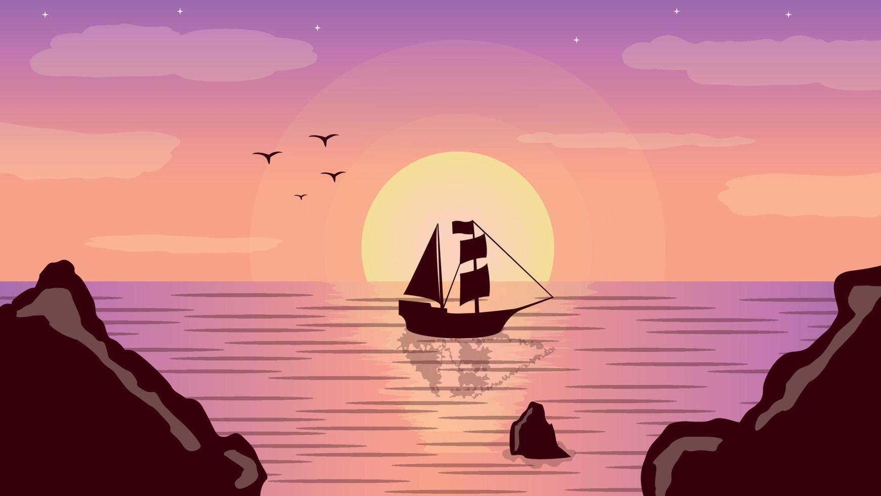 landscape illustration design of a boat on the ocean with a beautiful sunset vector