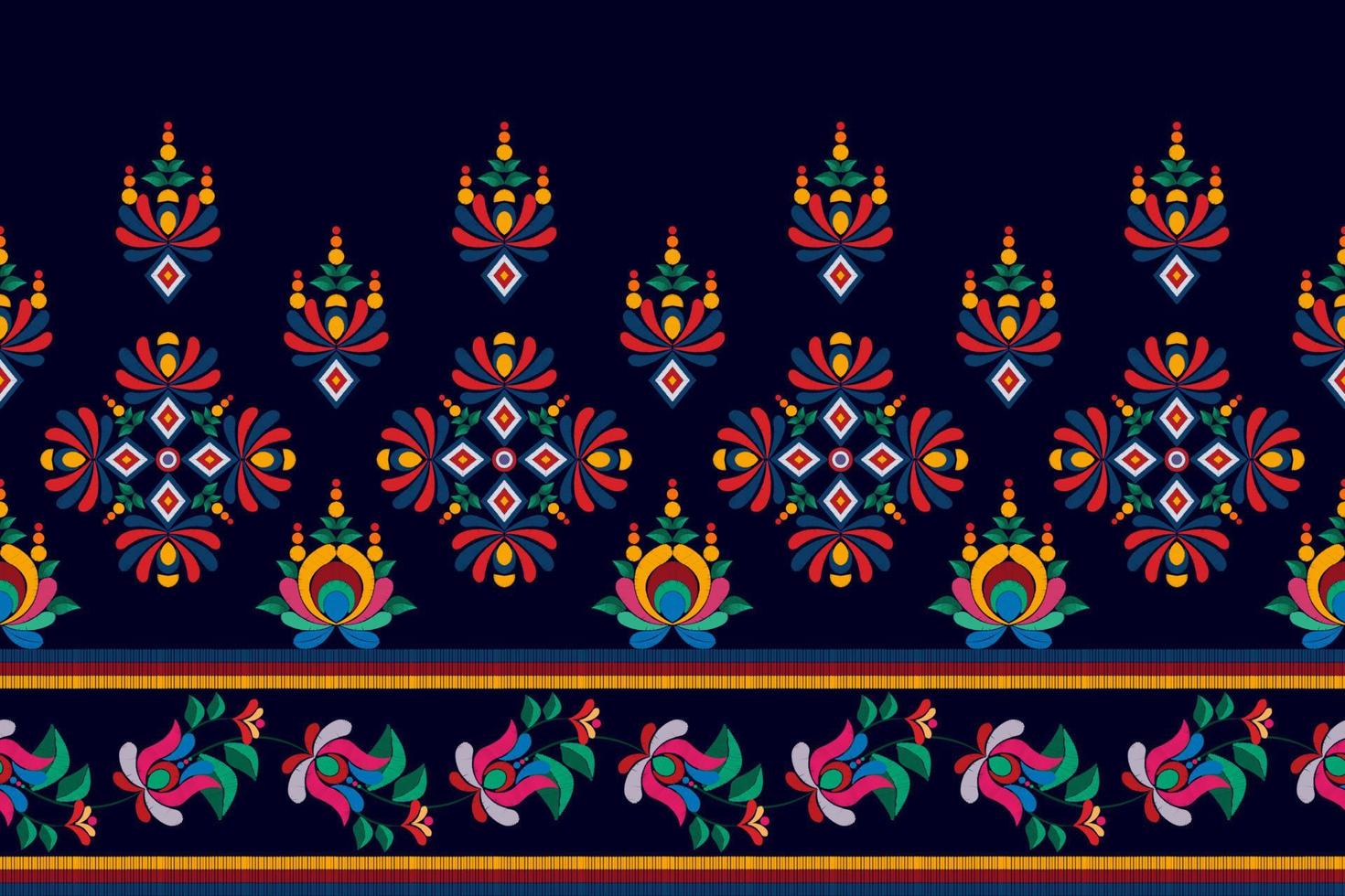 diseño de decoración de patrones sin fisuras étnicos ikat. alfombra de tela azteca boho mandalas decoración textil papel tapiz. adornos de flores con motivos nativos tribales bordado tradicional vector fondo ilustrado