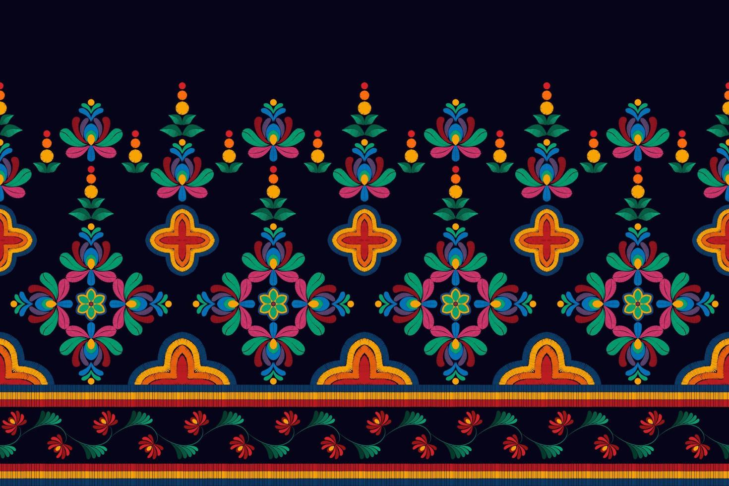 diseño de decoración de patrones sin fisuras étnicos ikat. alfombra de tela azteca boho mandalas decoración textil papel tapiz. adornos de flores con motivos nativos tribales bordado tradicional vector fondo ilustrado