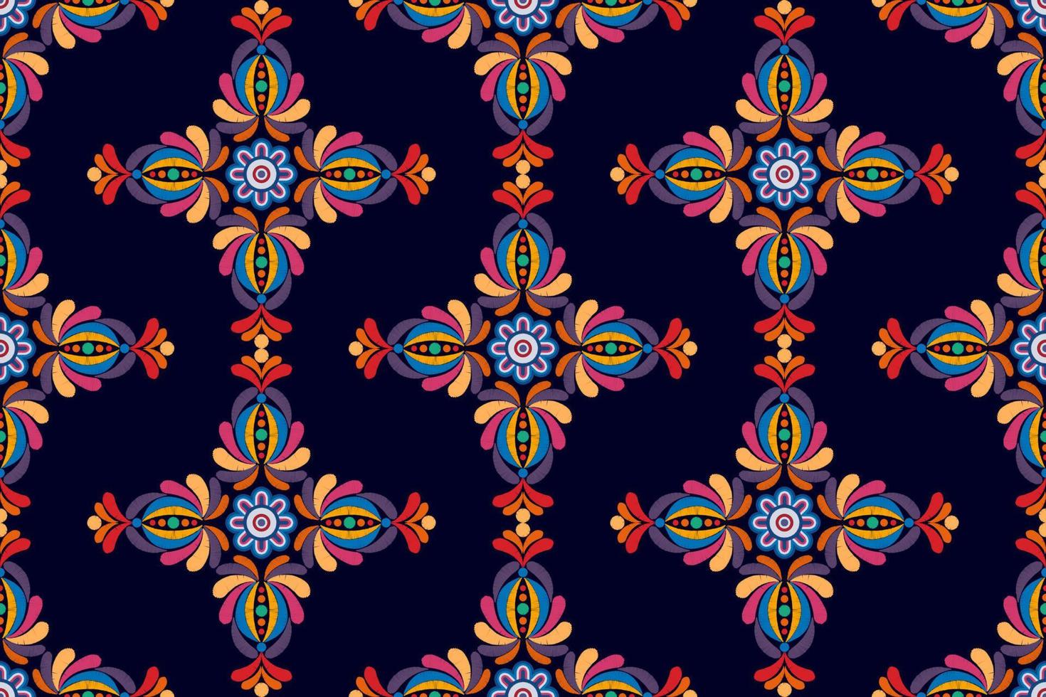 diseño de decoración de patrones sin fisuras étnicos ikat. alfombra de tela azteca boho mandalas decoración textil papel tapiz. adornos de flores con motivos nativos tribales bordado tradicional vector fondo ilustrado