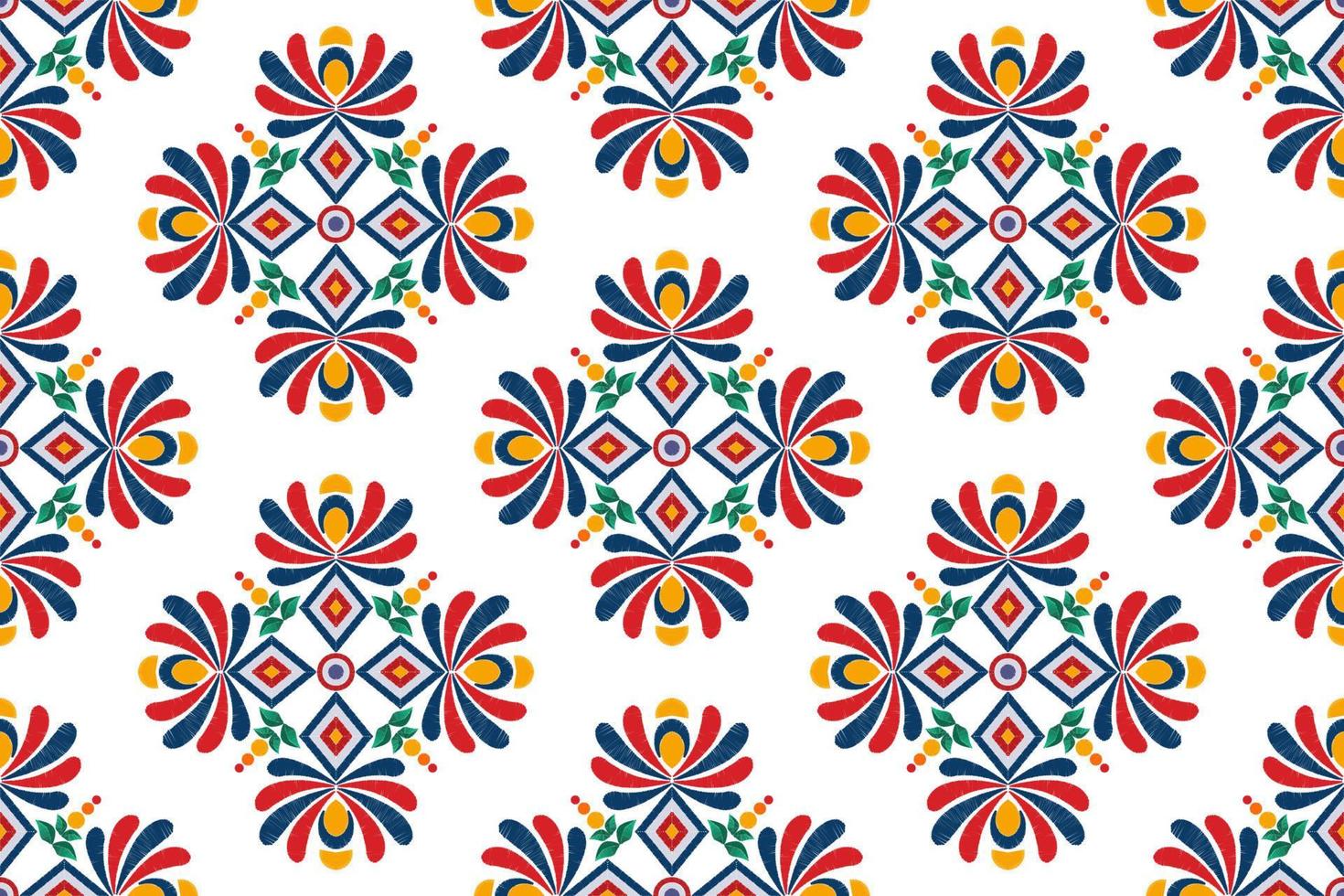 diseño de decoración de patrones sin fisuras étnicos ikat. alfombra de tela azteca boho mandalas decoración textil papel tapiz. adornos de flores con motivos nativos tribales bordado tradicional vector fondo ilustrado